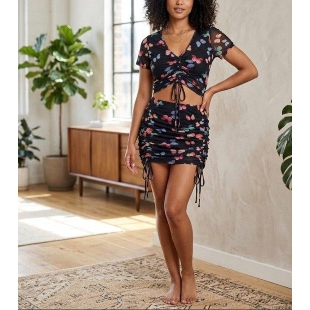 J for Justify Womens Sz XL 2 Piece Set Butterfly Mesh Ruched Crop Top Mini Skirt